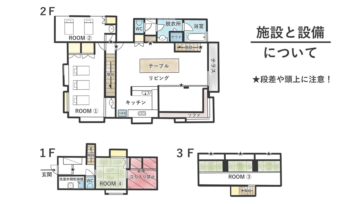 外浦リゾートハウス 涛(Tõ) 館内フロアプラン（1F〜3F）